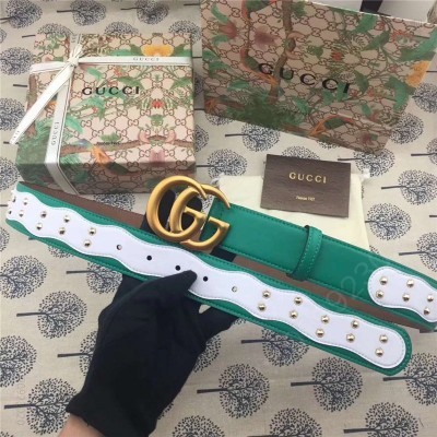 古驰皮带 Gucci 古驰 欧洲专柜新款 纯手工镶钉 原版古铜金属扣头 双G腰带 绿配白 原单古驰腰带 高仿古驰女士皮带 古驰女士腰带