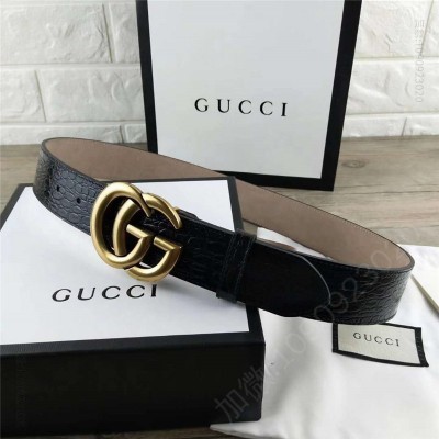 古驰皮带 GUCCI 新款 进口头层牛皮压鳄鱼纹 双G带扣 女士腰带 黑色 原单古驰腰带 高仿古驰女士皮带 古驰女士腰带