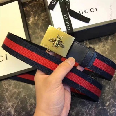 古驰皮带 Gucci 古驰 官网同步爆款 织带拼皮 男士腰带 蜜蜂带扣 原单古驰腰带 高仿古驰女士皮带 古驰女士腰带