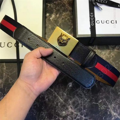 古驰皮带 Gucci 古驰 爆款 织带拼皮 虎头图案五金搭扣 男士腰带 红蓝织带黑皮 原单古驰腰带 高仿古驰男士皮带 古驰男士腰带