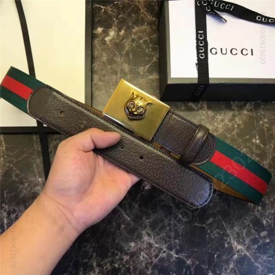 古驰皮带 Gucci 古驰 爆款 织带拼皮 虎头图案五金搭扣 男士腰带 红绿织带褐皮 原单古驰腰带 高仿古驰女士皮带 古驰男士腰带