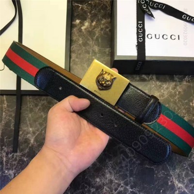 古驰皮带 Gucci 古驰 爆款 织带拼皮 虎头图案五金搭扣 男士腰带 红绿织带黑皮 原单古驰腰带 高仿古驰女士皮带 古驰男士腰带