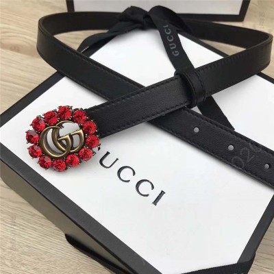 古驰皮带 Gucci 模特走秀款 红色水晶 双G带扣 皮革腰带 黑色 原单古驰腰带 高仿古驰女士皮带 古驰女士腰带