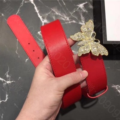 古驰女士皮带 Gucci 2023新款 走秀款 原版牛皮 蝴蝶满钻扣头 大红...