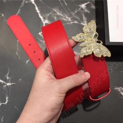 古驰女士皮带 Gucci 2023新款 走秀款 原版牛皮 蝴蝶满钻扣头 大红色银扣 原单古驰腰带 高仿古驰皮带 古驰女士腰带