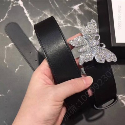 古驰女士皮带 Gucci 2023新款 走秀款 原版牛皮 蝴蝶满钻扣头 黑色银扣 原单古驰腰带 高仿古驰皮带 古驰女士腰带