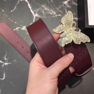 古驰女士皮带 Gucci 2023新款 走秀款 原版牛皮 蝴蝶满钻扣头 酒红色金扣 原单古驰腰带 高仿古驰皮带 古驰女士腰带