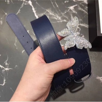 古驰女士皮带 Gucci 2023新款 走秀款 原版牛皮 蝴蝶满钻扣头 蓝色银扣 原单古驰腰带 高仿古驰皮带 古驰女士腰带