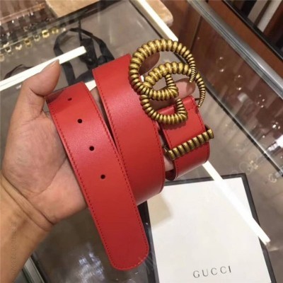 古驰女士皮带 Gucci 2023年新款 平纹原厂牛皮 GG互扣式 双G带扣 男女皮带 红色 原单古驰腰带 高仿古驰皮带 古驰女士腰带