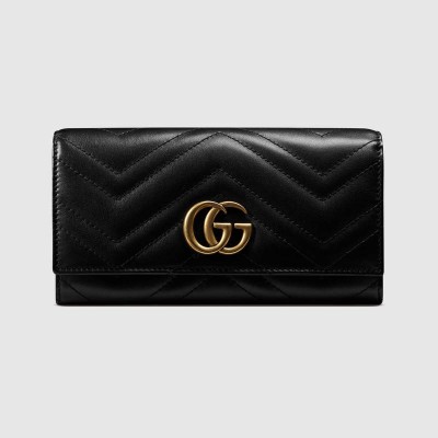古驰女士钱包 GUCCI GG Marmont系列 绗缝皮革 双G 长款皮夹 黑色 原单古驰钱夹