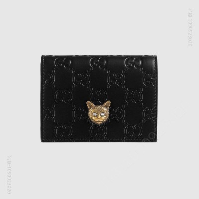古驰女士钱包 Gucci Signature系列 压印皮革 猫头图案 古驰卡包 黑色 原单古驰钱夹 高仿古驰