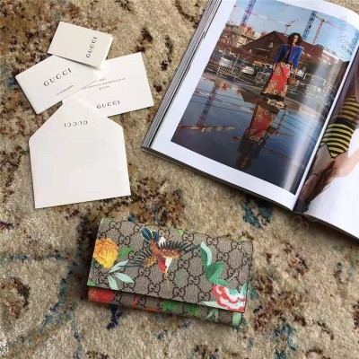 古驰女士钱包 Gucci 古驰钱包 花鸟图案 双G高级人造帆布 长款钱包 深啡色 原单古驰钱夹 高仿古驰