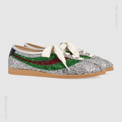 古驰男鞋 GUCCI Falacer织带装饰 复古风 闪光运动鞋 闪光银色 原单古驰男鞋 高仿古驰