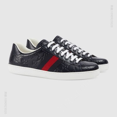 古驰男鞋 GUCCI Ace系列 Gucci Signature 热压真皮 低帮运动鞋 蓝色 原单古驰男鞋 高仿古驰