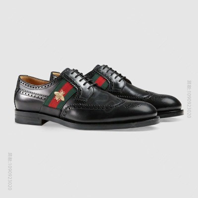 古驰男鞋 GUCCI 蜜蜂和织带装饰 光滑真皮 系带正装鞋 黑色 原单古驰男...