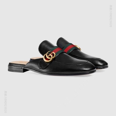 古驰男鞋 GUCCI Princetown 系列 双G皮革拖鞋 黑色 原单古驰男鞋 高仿古驰