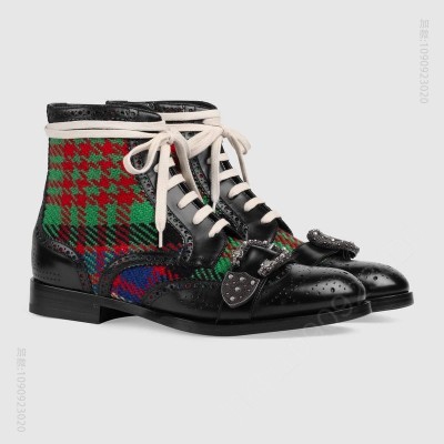 古驰男鞋 Gucci Queercore靴 花呢面料拼皮革 虎头带扣 布洛克靴 黑色 原单古驰男鞋 高仿古驰