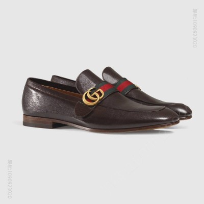 古驰男鞋 GUCCI GG 织带装饰 真皮平跟船鞋 乐福鞋 棕色 原单古驰男鞋 高仿古驰