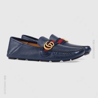 450891_古驰男鞋 GUCCI 织带装饰 双G金属配件 柔软真皮 驾车鞋 蓝色 原单古驰男鞋 高仿古驰