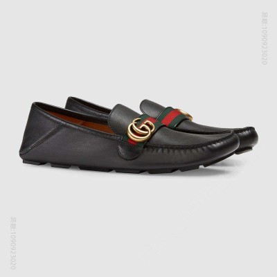 古驰男鞋 GUCCI 织带装饰 双G金属配件 柔软真皮 驾车鞋 黑色 原单古驰男鞋 高仿古驰