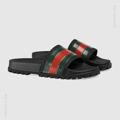 古驰男鞋 GUCCI 标志性红绿织带装饰 休闲橡胶凉拖鞋 黑色 原单古驰男鞋 高仿古驰