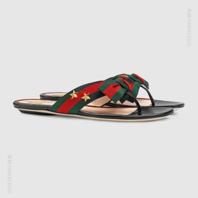 古驰女鞋 GUCCI 铆钉 罗缎织带 夹趾凉鞋 人字拖 黑色 原单古驰女鞋 高仿古驰