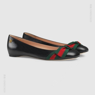 古驰女鞋 GUCCI 铆钉 罗缎织带 真皮 圆头平底鞋 黑色 原单古驰女鞋 高仿古驰