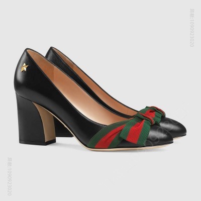 古驰女鞋 GUCCI 铆钉 罗缎织带 皮革 尖头浅口鞋 黑色 原单古驰女鞋 高仿古驰
