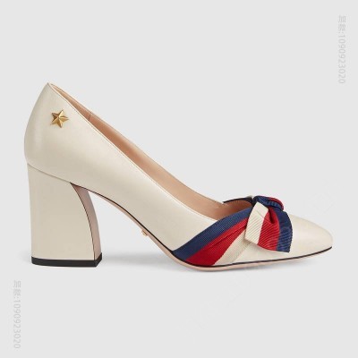 古驰女鞋 GUCCI 铆钉 罗缎织带 皮革 尖头浅口鞋 白色 原单古驰女鞋 高仿古驰