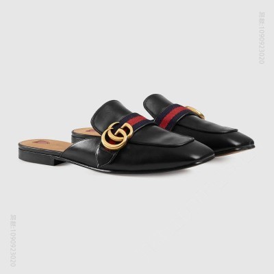 古驰女鞋 GUCCI 双G装饰 织带 皮革 拖鞋 黑色 原单古驰女鞋 高仿古驰