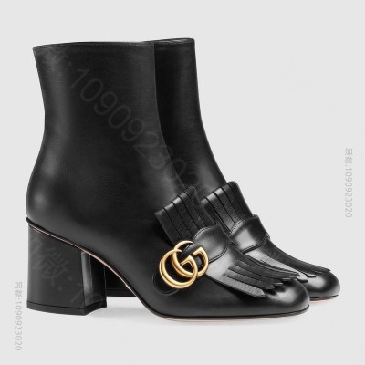 古驰女鞋 GUCCI 双G装饰 折叠流苏 真皮及踝靴 黑色 原单古驰女鞋 高...