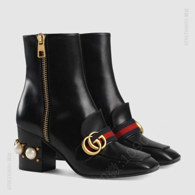 古驰女鞋 GUCCI 双G装饰 GG珍珠和铆钉 真皮 中跟及踝靴 黑色 原单古驰女鞋 高仿古驰