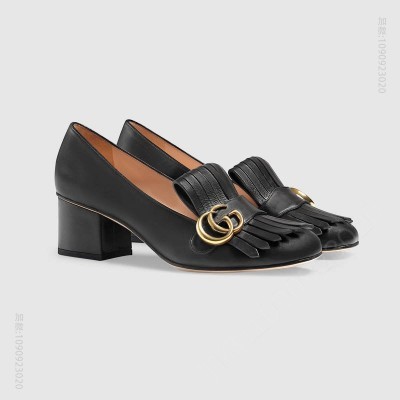 古驰女鞋 GUCCI Marmont 皮革 双G 中跟浅口鞋 黑色 原单古驰女鞋 高仿古驰