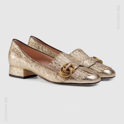 古驰女鞋 GUCCI GG Marmont 系列 金属质感 真皮低跟鞋 铂色 原单古驰女鞋 高仿古驰