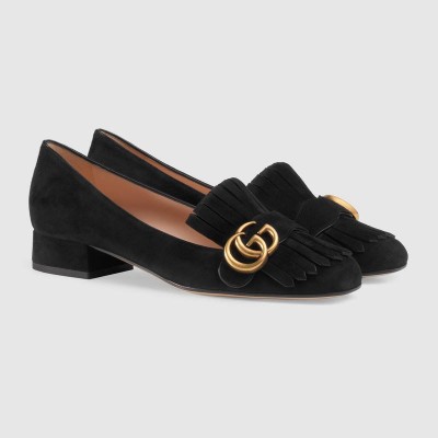 古驰女鞋 GG Marmont 系列 麂皮 低跟鞋 黑色 原单古驰女鞋 高仿古驰