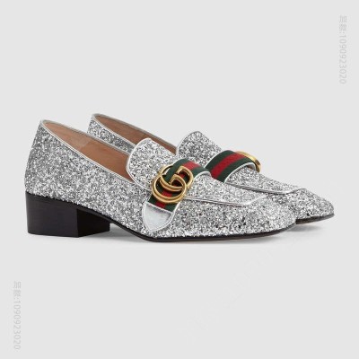 古驰女鞋 GUCCI 双G装饰 闪光皮质 乐福鞋 低跟船鞋 银色 原单古驰女鞋 高仿古驰