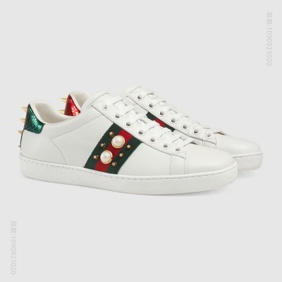 古驰女鞋 GUCCI Ace系列 铆钉造型 尼龙织带 真皮运动鞋 白色 原单古驰女鞋 高仿古驰