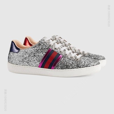 古驰女鞋 GUCCI Ace系列 闪光面料 条纹织带 运动鞋 银色 原单古驰女鞋 高仿古驰