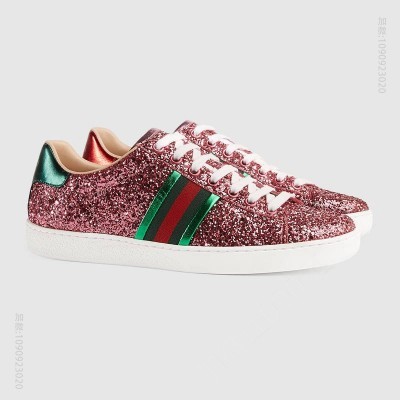 古驰女鞋 GUCCI Ace系列 闪光面料 条纹织带 运动鞋 粉色 原单古驰女鞋 高仿古驰