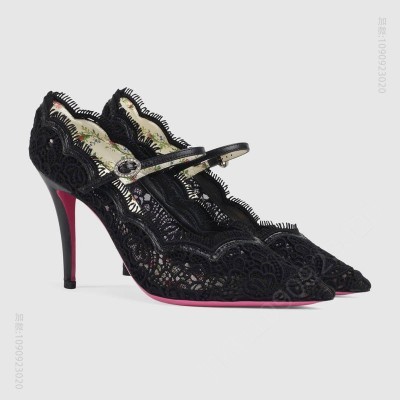 古驰女鞋 GUCCI 2017款 透明花卉蕾丝 水晶带扣 尖头高跟鞋 黑色 原单古驰女鞋 高仿古驰