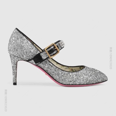 494234_古驰女鞋 GUCCI 水晶闪亮鞋带 尖头高跟鞋 银色 原单古驰女鞋 高仿古驰