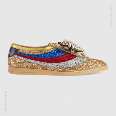 古驰女鞋 GUCCI Falacer织带装饰 复古风 闪光面料 低帮运动鞋 金色 原单古驰女鞋 高仿古驰