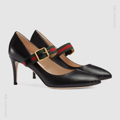 古驰女鞋 GUCCI Sylvie 系列 罗缎织带 皮革 尖头中跟 浅口鞋 黑色 原单古驰女鞋 高仿古驰
