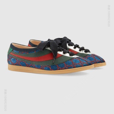 古驰女鞋 GUCCI Falacer织带装饰 银丝双G面料 低帮运动鞋 蓝色 原单古驰女鞋 高仿古驰