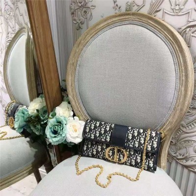 迪奥女包 Dior Oblique链条女包 30 Montaigne 提花帆布 迪奥手拿包 蓝色 高仿迪奥女包 原单迪奥