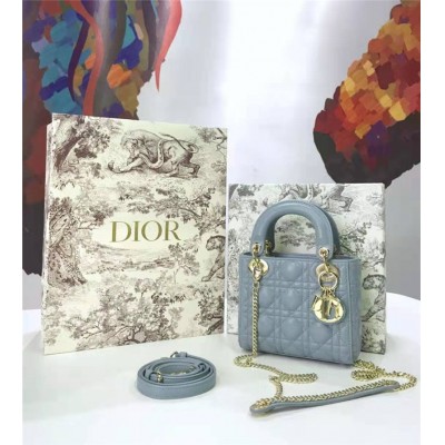 迪奥女包 Dior迪奥 Lady Dior 经典迪奥戴妃包 羊皮 Dior链条包 浅蓝色 高仿迪奥女包 原单迪奥
