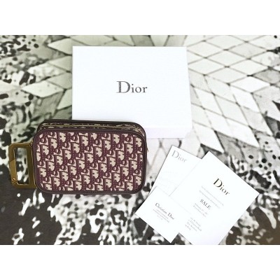 迪奥女包 Diorquake Dior Oblique酒红色提花帆布皮夹 D...