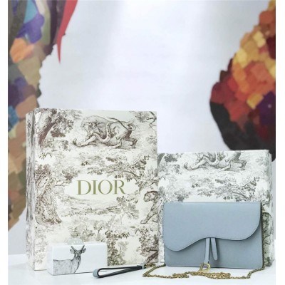 迪奥女包 Dior Saddle系列女包 woc包型 小牛皮 迪奥链条包 Dior手拿包 灰蓝 高仿迪奥女包