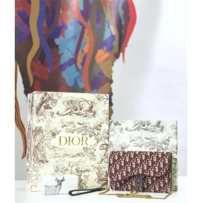 迪奥女包 Dior Oblique女包 提花帆布 迪奥链条包 Dior手拿包 酒红色 高仿迪奥女包
