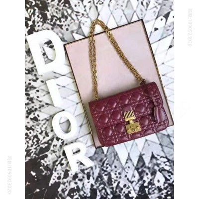 迪奥女包 Dior Addict女包 小羊皮 藤格纹 翻盖式 迪奥手提包 枣红色 高仿迪奥女包
